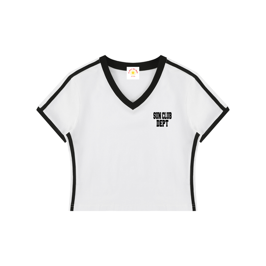 SUN CLUB DEPT WOMENS RETRO V-NECK CROP T-SHIRT (WHT)