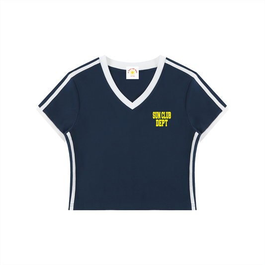 SUN CLUB DEPT WOMENS RETRO V-NECK CROP T-SHIRT (NVY)